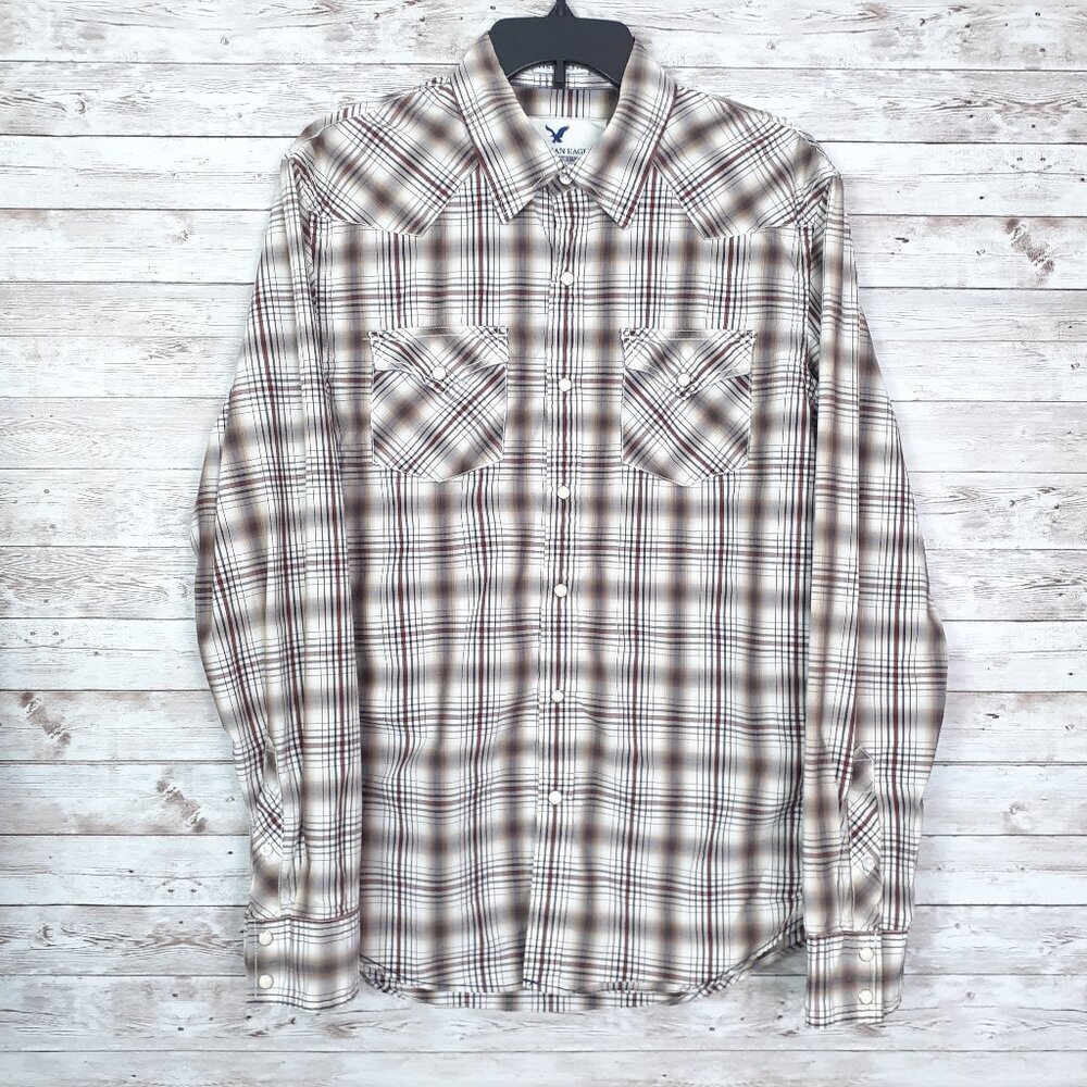 American Eagle Mens Pearl Snap Shirt M Vintage Fit Brown Plaid Cotton 838 - Picture 1 of 5